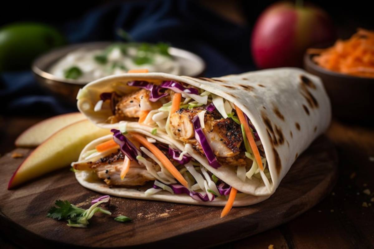 A grilled fish wrap filled with colorful cabbage, carrots, and herbs, served with apple slices and a side of creamy dip.