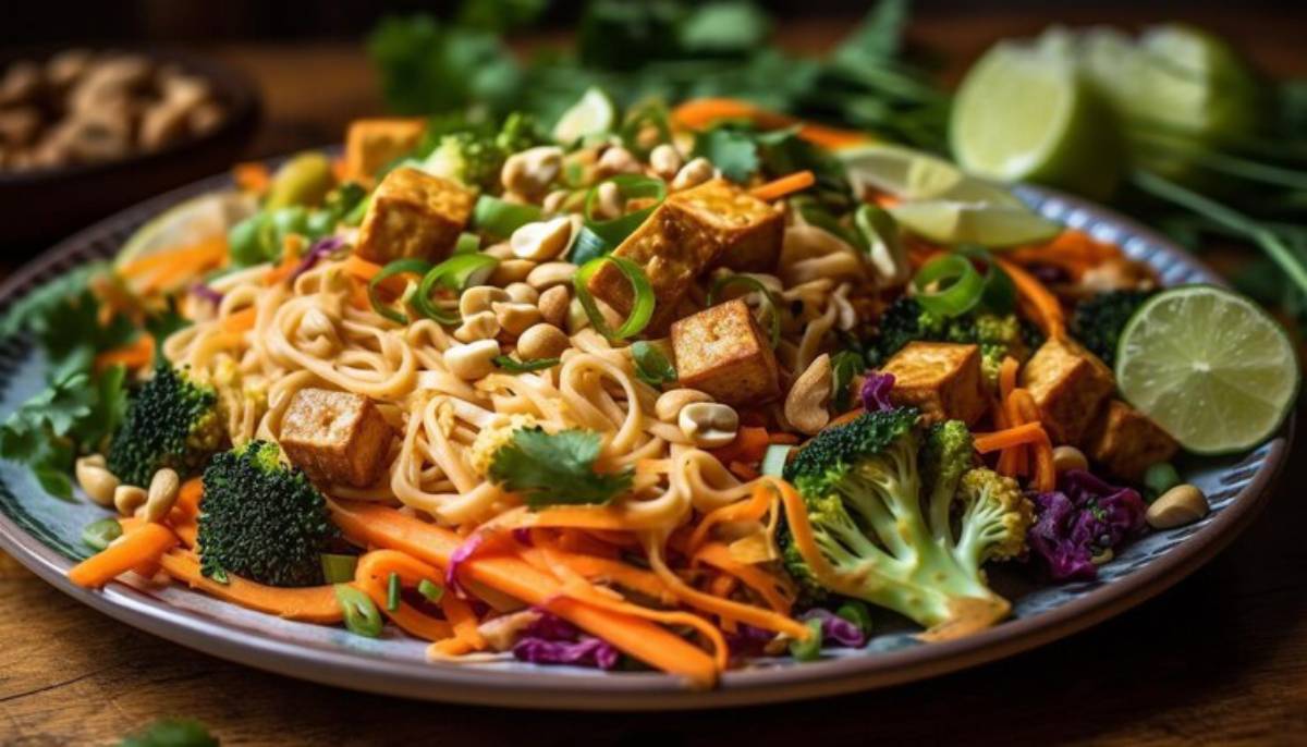 A colorful plate of noodles with tofu, broccoli, carrots, peanuts, and lime, garnished with cilantro and green onions.
