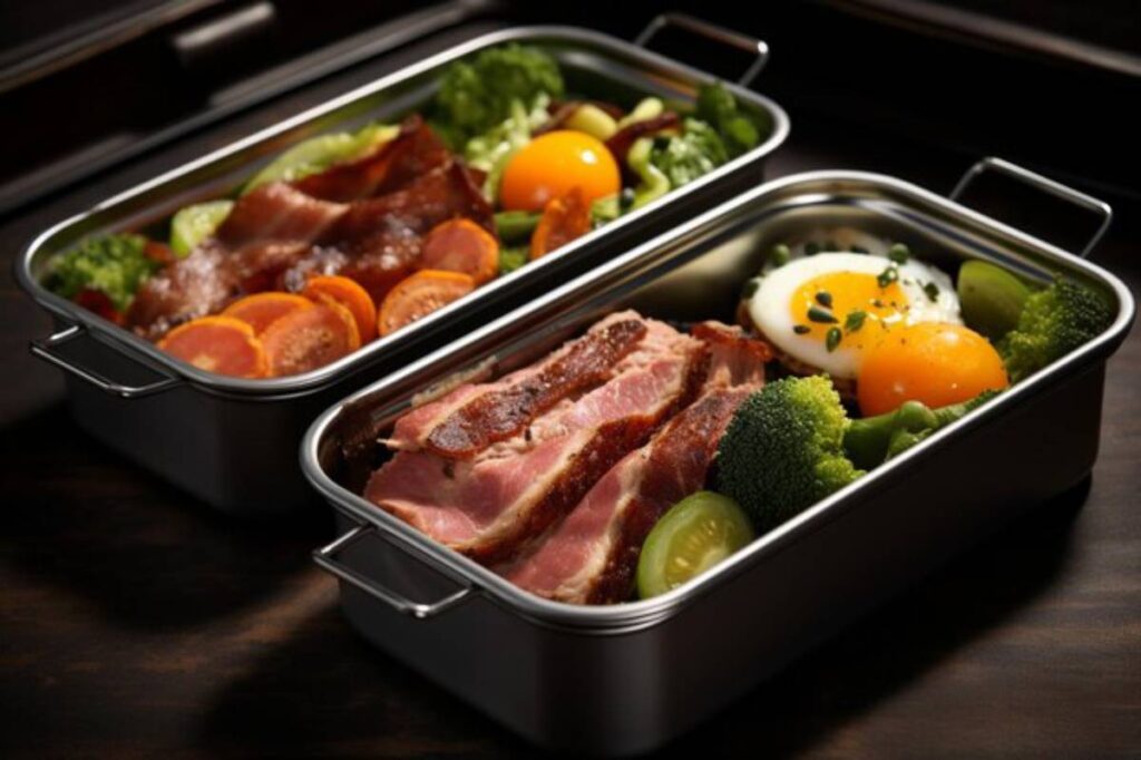 Two metal lunch boxes filled with healthy meals: one with veggies and bacon, another with sliced meat, an egg, and broccoli.