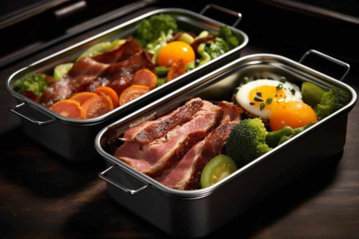 Two metal lunch boxes filled with healthy meals: one with veggies and bacon, another with sliced meat, an egg, and broccoli.