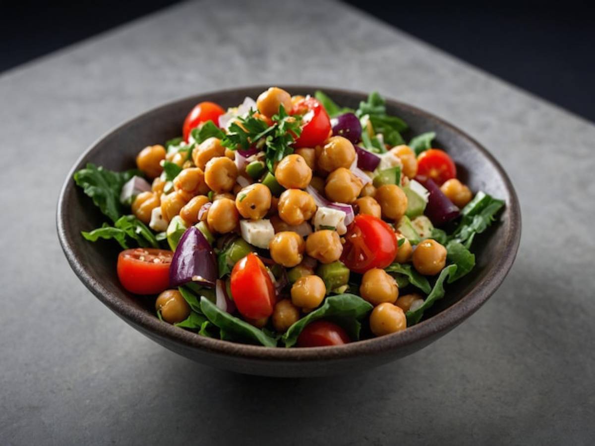 A colorful salad in a dark bowl, featuring chickpeas, cherry tomatoes, red onions, cucumber, and fresh greens.