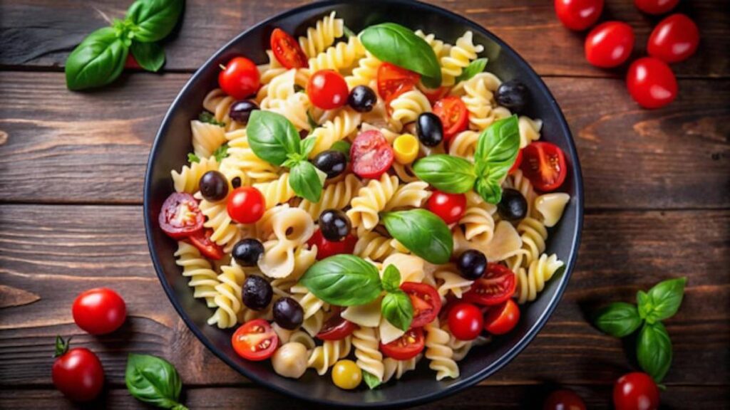 A vibrant pasta salad in a black bowl, featuring rotini, cherry tomatoes, olives, and fresh basil, on a rustic wooden table.