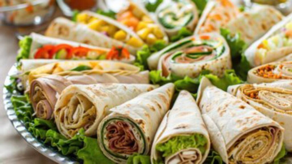 A colorful platter of assorted wraps with meats, vegetables, and fresh greens, beautifully arranged on lettuce leaves.