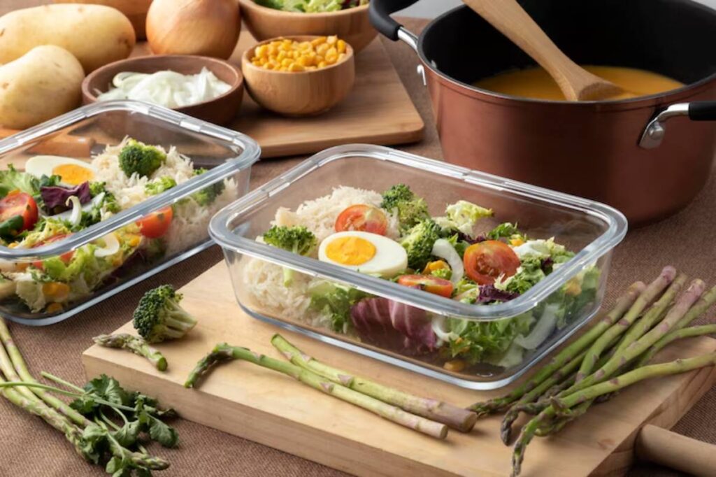 A wooden table displays two glass containers filled with colorful salads, fresh vegetables, and a pot of soup in the background.