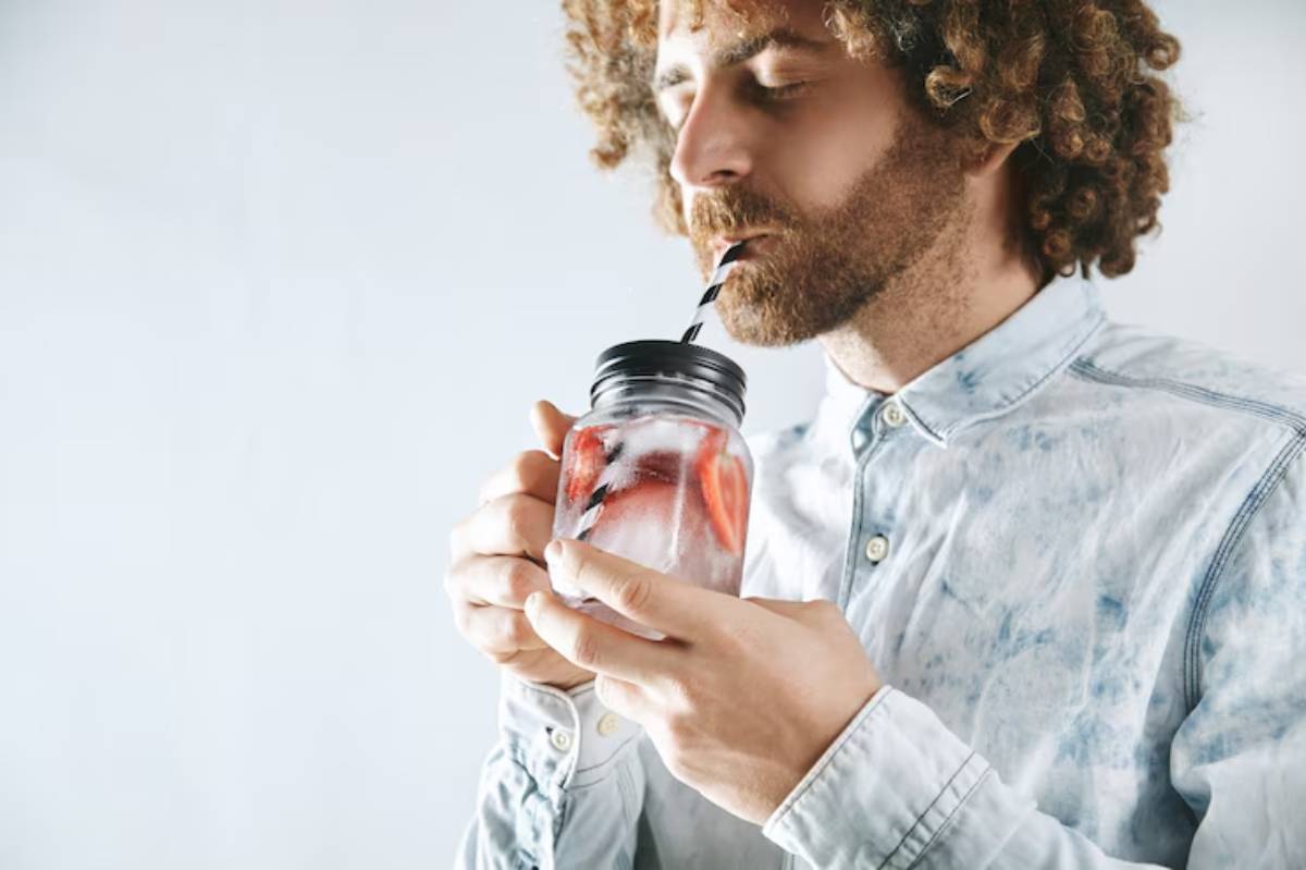 A person holding a glass jar filled with ice water and strawberry slices, wearing a light blue denim shirt against a white background.