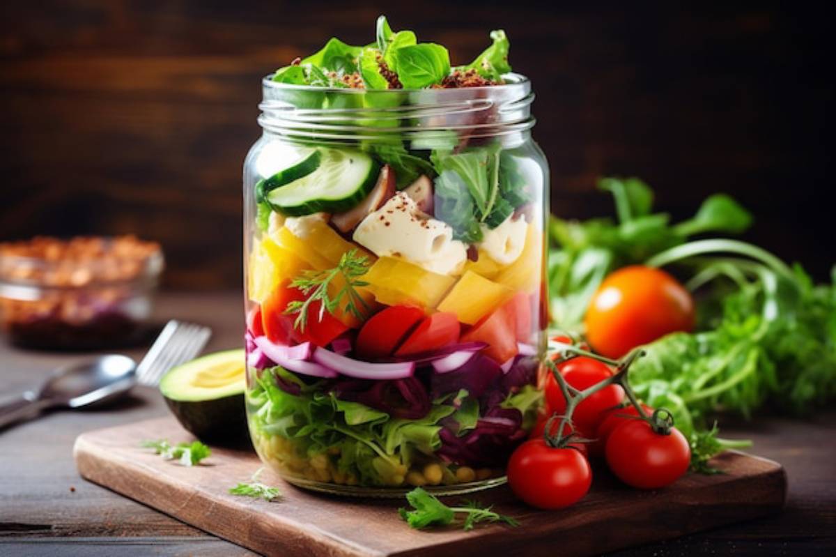 A colorful salad layered in a glass jar, featuring lettuce, tomatoes, cucumbers, peppers, and cheese, with fresh herbs on a wooden board.