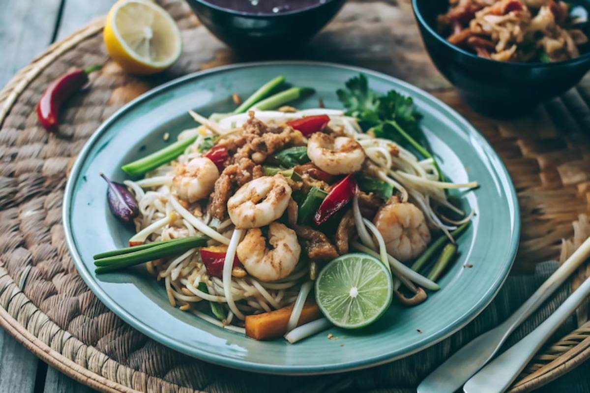 A vibrant plate of stir-fried noodles with shrimp, green onions, and red peppers, garnished with lime and chili, on a woven mat.