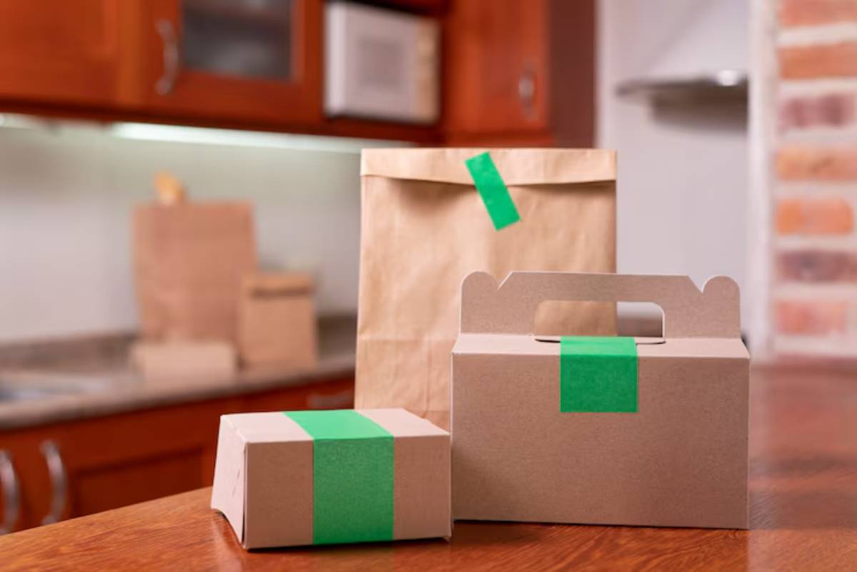 Three takeout packages, two brown paper bags and a gabled box, sit on a countertop in a modern kitchen, each secured with green tape.