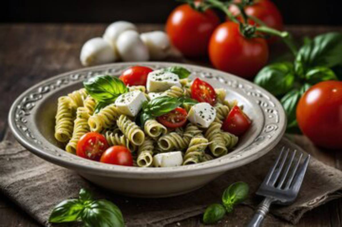 A bowl of colorful pasta salad with cherry tomatoes, basil leaves, and feta cheese, surrounded by fresh tomatoes and basil on a rustic table.