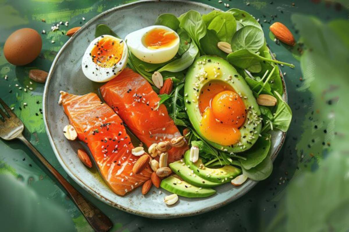 A plate featuring grilled salmon, avocado halves with egg yolk, boiled eggs, spinach, and almonds, garnished with sesame seeds.