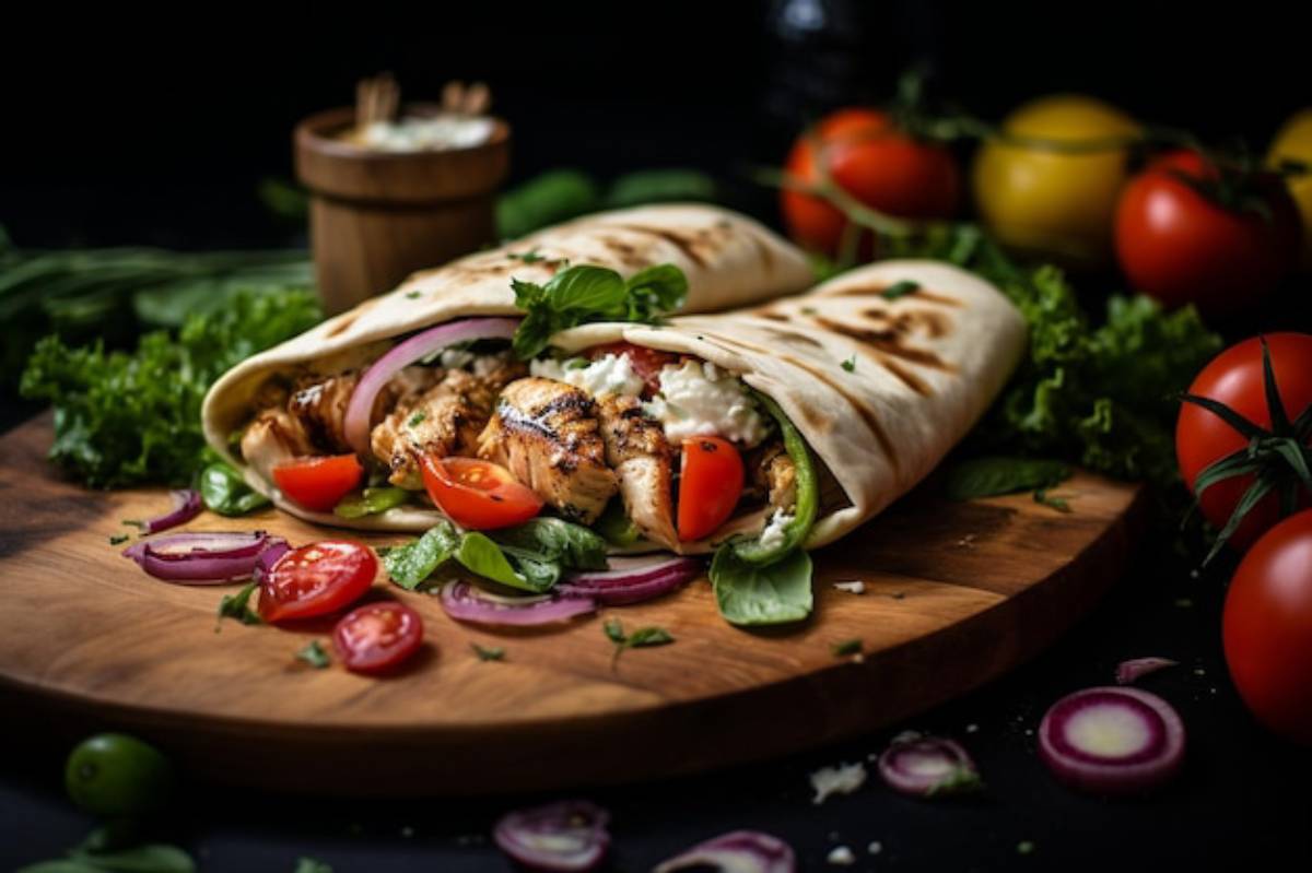 Grilled chicken wrap filled with tomatoes, lettuce, and onions, garnished with herbs, on a wooden board with fresh tomatoes in the background.