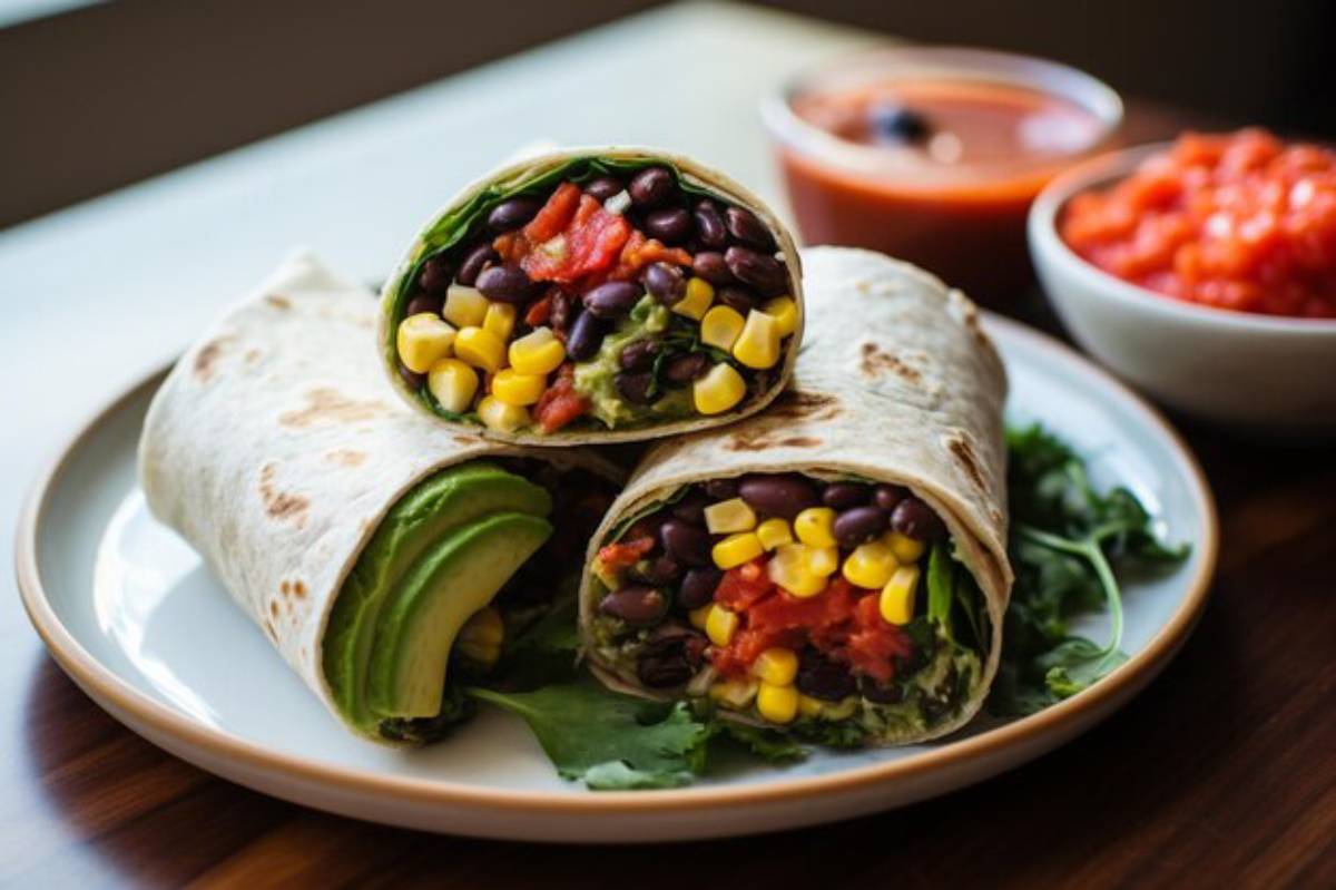 Three colorful burritos filled with black beans, corn, tomatoes, and avocado, garnished with greens and served with salsa on the side.