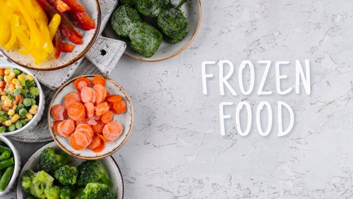 A variety of vibrant frozen vegetables, including carrots, broccoli, and peppers, arranged in bowls with the text 