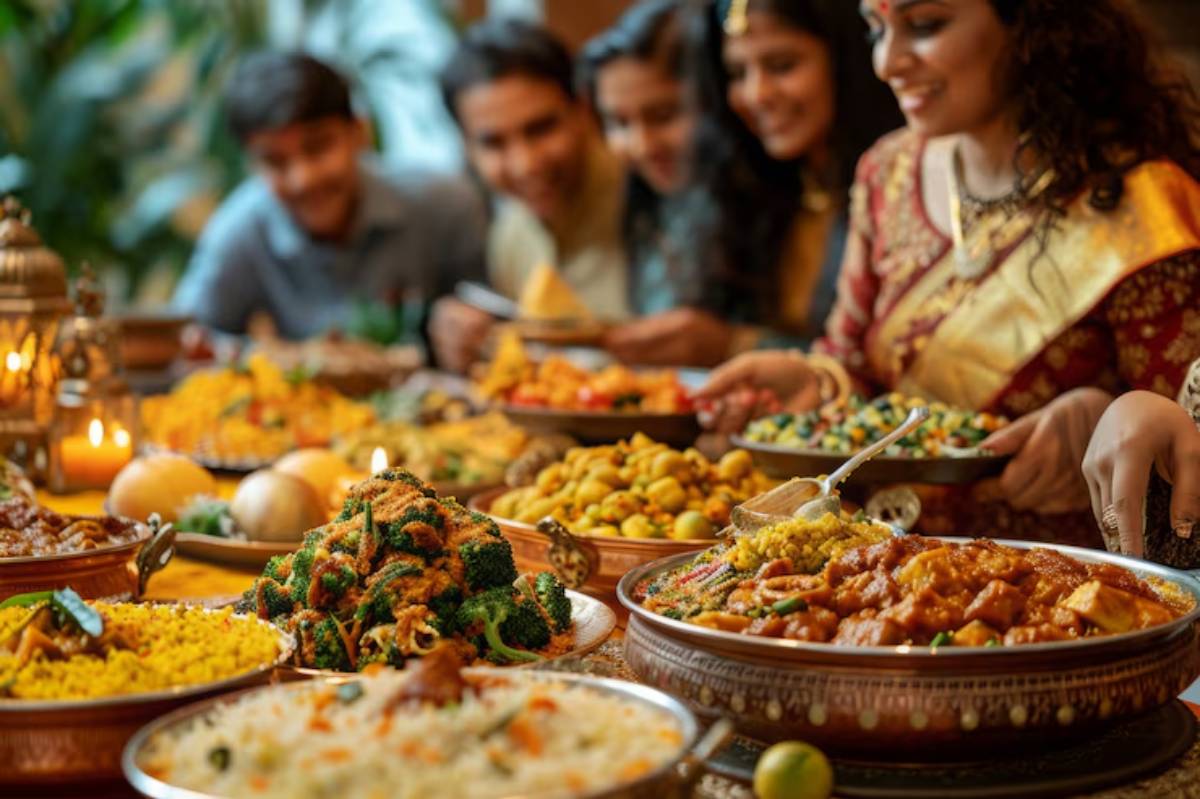 A vibrant spread of diverse Indian dishes, with bowls of curry, rice, and vegetables, surrounded by candles and decorations.
