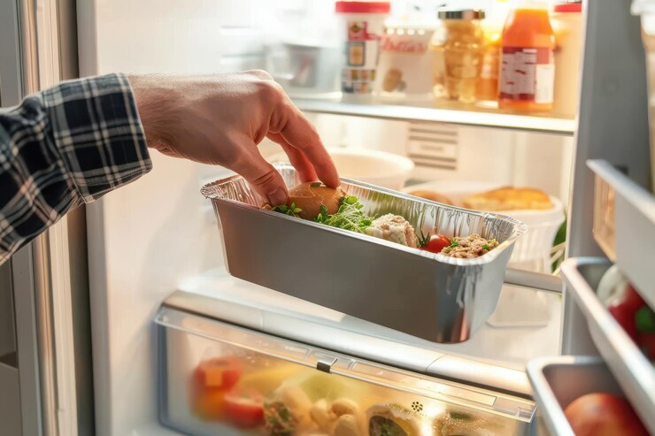 A man placing lunch in the refrigerator