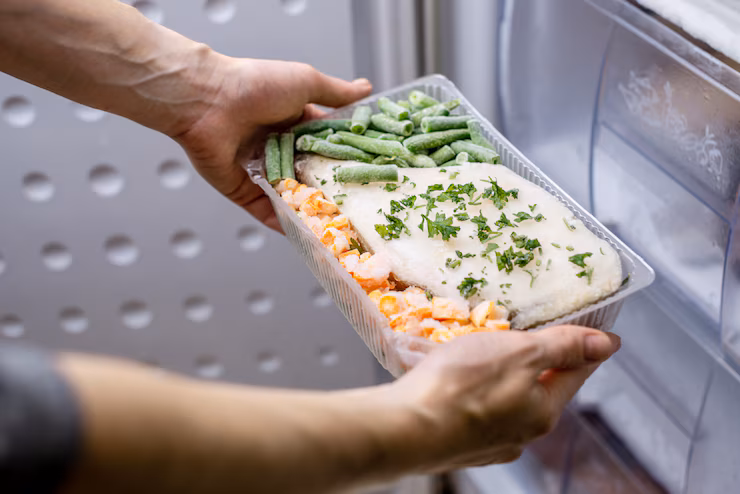 women's hand putting lunch into freezer.